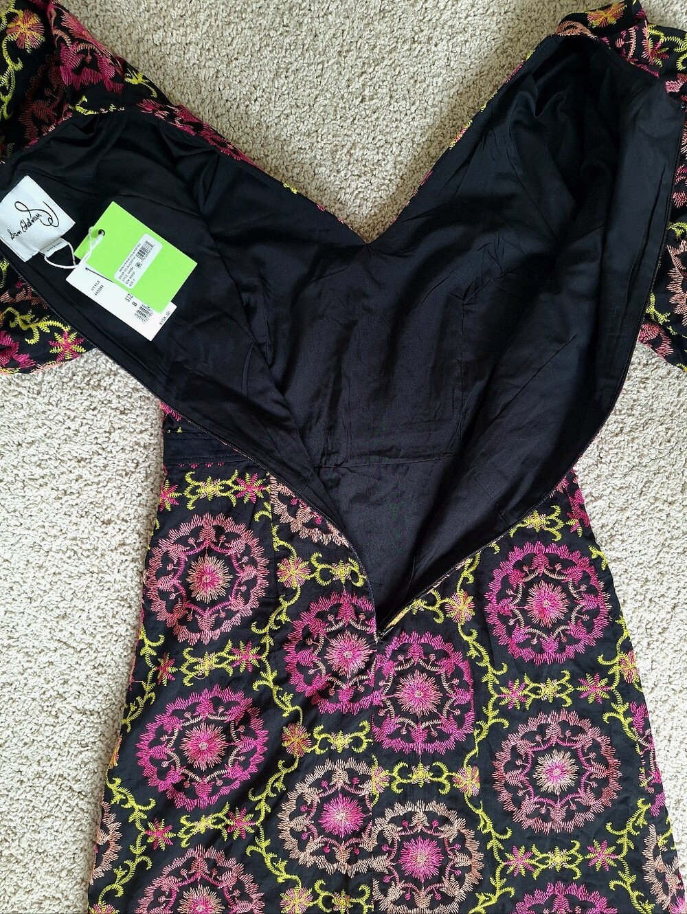 Sam Edelman Embroidered Pink Green Black Puff Sleeve V-neck Midi Dress Size 88 - Picture 11 of 12